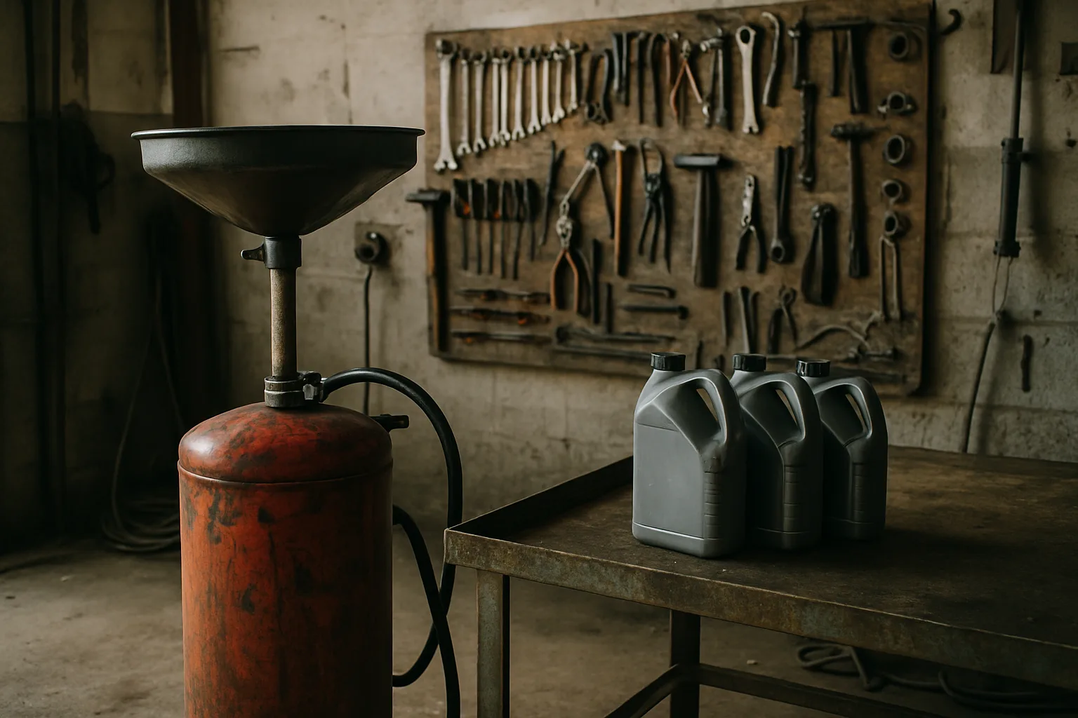 Oil maintenance setup showing drain pan and supplies